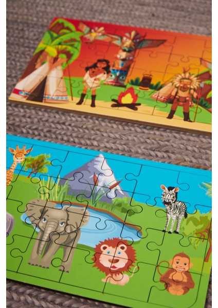 Okul Öncesi Başlangıç Yapboz Kızılderili Ve Safari Ahşap Puzzle Set