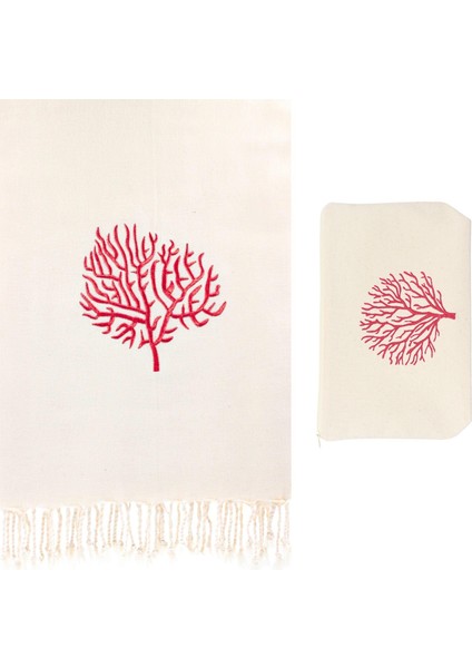 Kırmızı Mercan Nakışlı Peştemal Seti