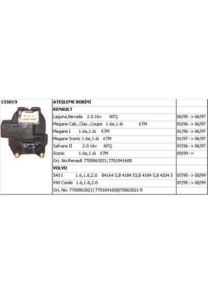 Bobin (Beyaz Soket) 155019 Laguna 2.0-16V N7Q Sağ S40