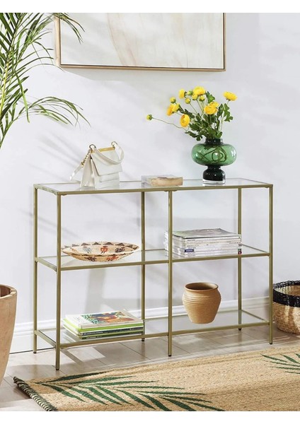 Tino Furniture Dallas Gold Metal Dekoratif Cam Raflı Dresuar Konsol