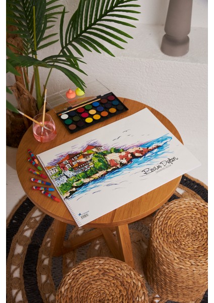 2 Adet Okul Büyük Boy Resim Defteri 35*50CM Manzara Karton Kapak Spiralli 15 Yaprak Set