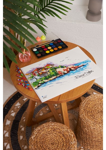 2 Adet Okul Büyük Boy Resim Defteri 35*50CM Manzara Karton Kapak Spiralli 15 Yaprak Set fırsatları