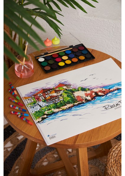 3 Adet Okul Büyük Boy Resim Defteri 35*50CM Manzara Karton Kapak Spiralli 15 Yaprak Set