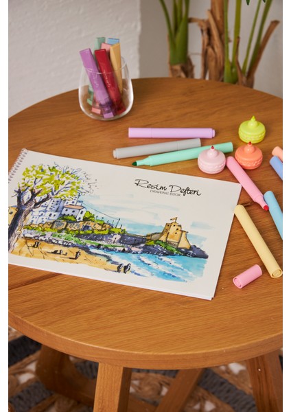 Okul Büyük Boy Resim Defteri 2 Adet 35*50CM Manzara 2 Karton Kapak Spiralli 15 Yaprak Set
