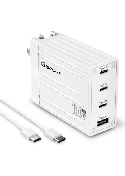 100W Usb-C Güç Adaptörü 4 Port Gan (Akım Korumalı) Type-C Hızlı iPhone & Android & iPad & Macbook Şarj Cihazı (Type-C Kablo Dahildir)