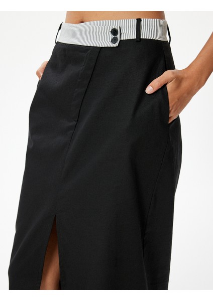 Midi Boy Keten Kalem Etek Önden Yırtmaç Detaylı Beli Kontrast Detaylı Slim Fit