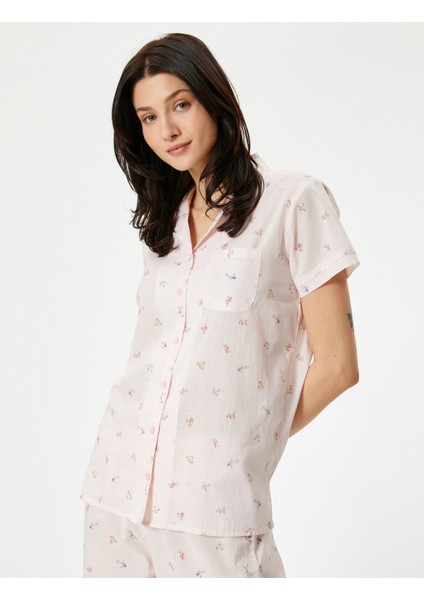 Düğmeli Pijama Üstü Çiçekli Kısa Kollu Cepli