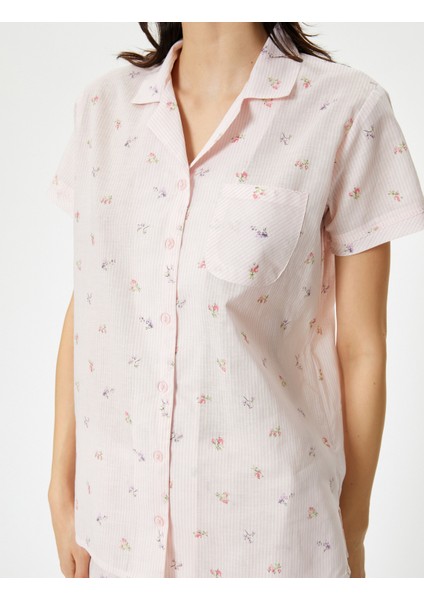 Düğmeli Pijama Üstü Çiçekli Kısa Kollu Cepli indirimleri