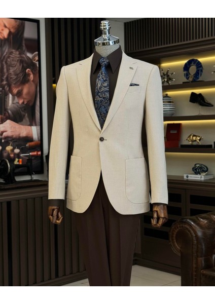 İtalyan stil slim fit torba cep erkek ceket bej T12240