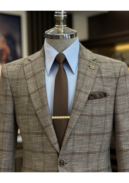 klasik kesim regular fit mono yaka ekose erkek ceket kahverengi T12504 fiyatları