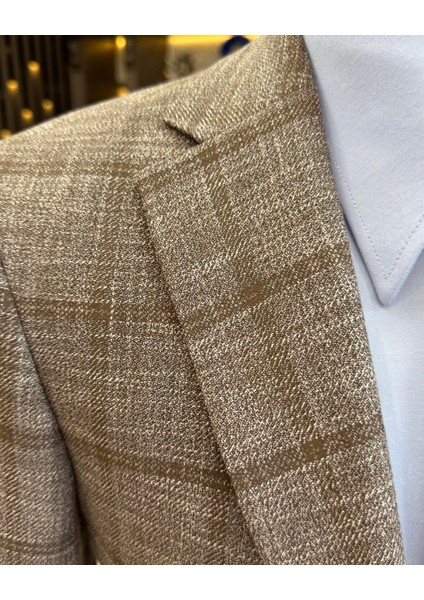 klasik kesim regular fit mono yaka ekose erkek ceket kahverengi T12504 modelleri