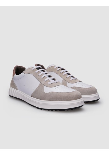 %100 Hakiki Deri Beyaz - Bej Süet Bağcıklı Erkek Sneaker