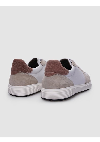 %100 Hakiki Deri Beyaz - Bej Süet Bağcıklı Erkek Sneaker