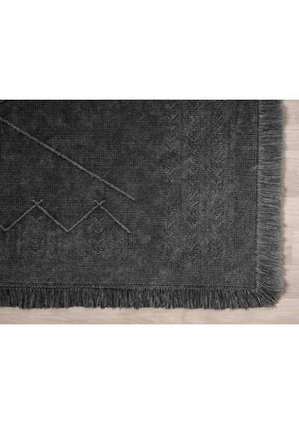 Antique Mnc Antrasit Grey - Dört Tarafı Saçaklı Pamuklu Yıkanabilir Kilim