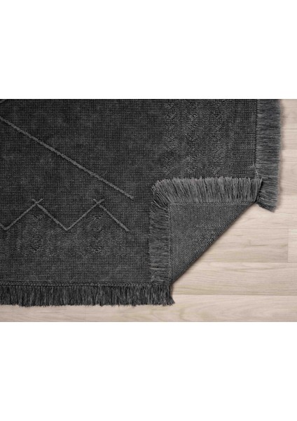 Antique Mnc Antrasit Grey - Dört Tarafı Saçaklı Pamuklu Yıkanabilir Kilim