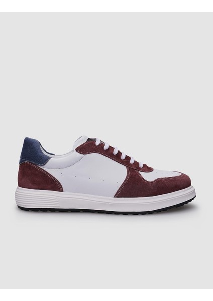 Deri Beyaz - Bordo Bağcıklı Erkek Sneaker