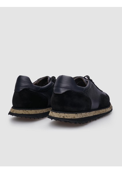%100 Hakiki Deri Siyah Süet - Füme Bağcıklı Erkek Sneaker