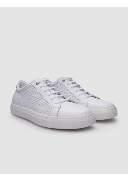 %100 Hakiki Deri Beyaz Bağcıklı Desenli Erkek Sneaker