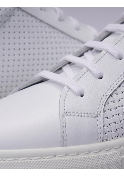 %100 Hakiki Deri Beyaz Bağcıklı Desenli Erkek Sneaker