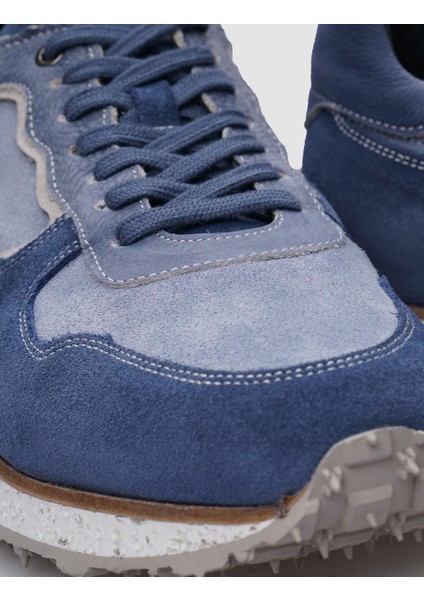 Deri Mavi Süet Bağcıklı Erkek Sneaker