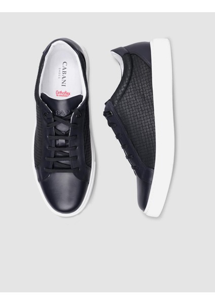 %100 Hakiki Deri Lacivert Kare Desenli Bağcıklı Erkek Sneaker