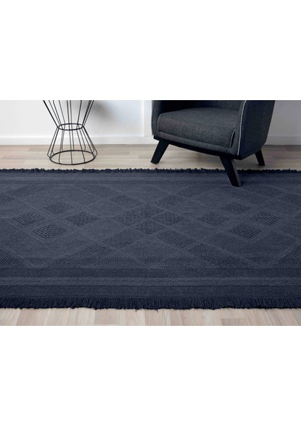 Carpetrium Home Antique Spt Dark Blue - Dört Tarafı Saçaklı Pamuklu Yıkanabilir Kilim