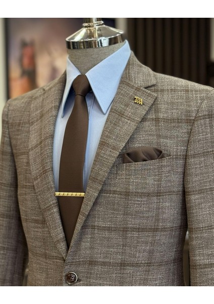 klasik kesim regular fit mono yaka ekose erkek ceket kahverengi T12504 fırsatları