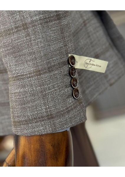 klasik kesim regular fit mono yaka ekose erkek ceket kahverengi T12504 indirimleri