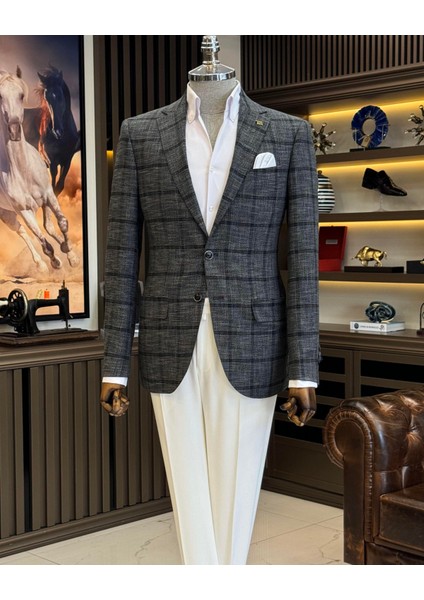 klasik kesim regular fit mono yaka ekose erkek ceket siyah T12503