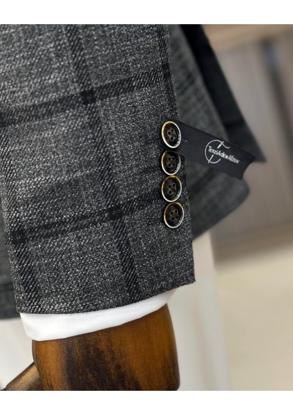 klasik kesim regular fit mono yaka ekose erkek ceket siyah T12503 modelleri