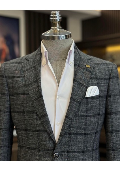 klasik kesim regular fit mono yaka ekose erkek ceket siyah T12503 fırsatları