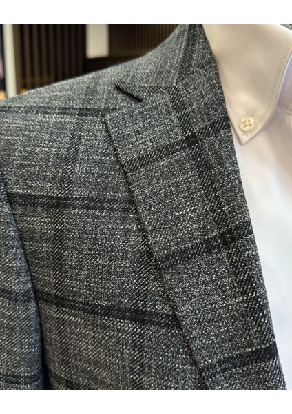 klasik kesim regular fit mono yaka ekose erkek ceket siyah T12503 indirimleri