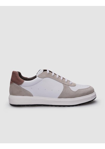 %100 Hakiki Deri Beyaz - Bej Süet Bağcıklı Erkek Sneaker
