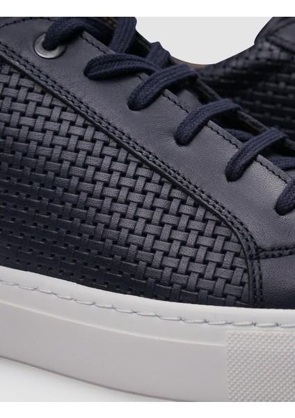 %100 Hakiki Deri Lacivert Bağcıklı Desenli Erkek Sneaker