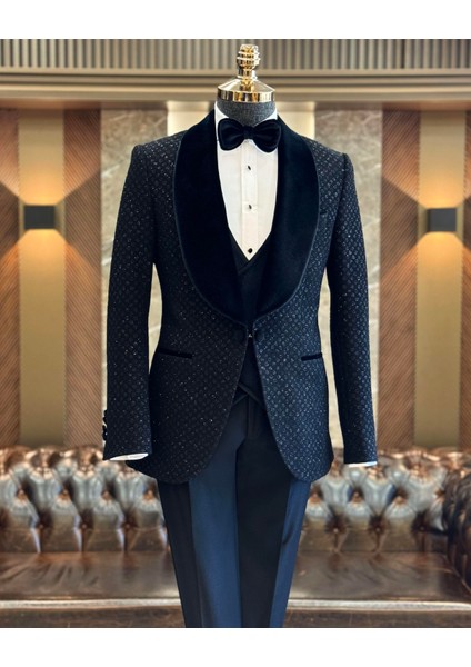 İtalyan stil slim fit şal yaka ceket yelek pantolon damatlık set siyah T12569