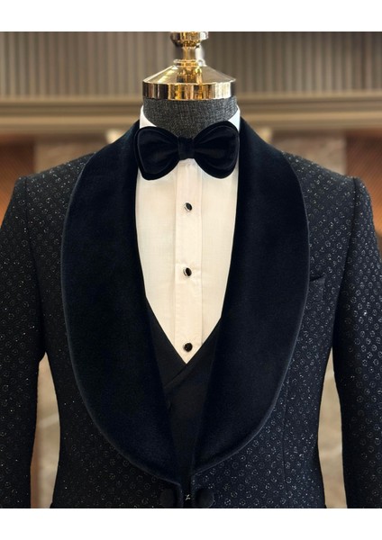 İtalyan stil slim fit şal yaka ceket yelek pantolon damatlık set siyah T12569