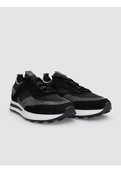 %100 Hakiki Deri Siyah Bağcıklı Erkek Sneaker