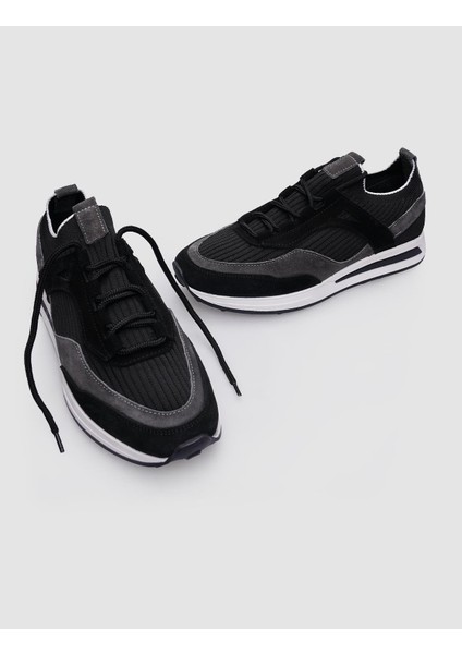 %100 Hakiki Deri Siyah Bağcıklı Erkek Sneaker