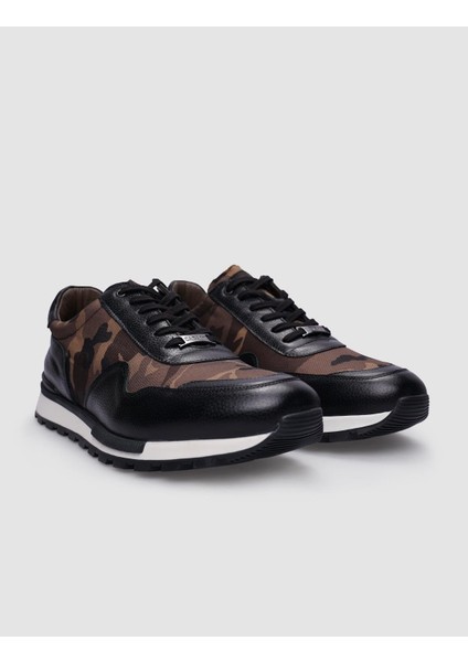 %100 Hakiki Deri Siyah Bağcıklı Kamuflaj Desenli Erkek Sneaker