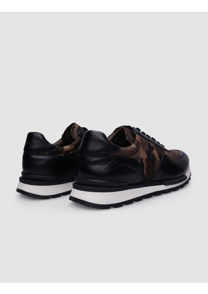 %100 Hakiki Deri Siyah Bağcıklı Kamuflaj Desenli Erkek Sneaker