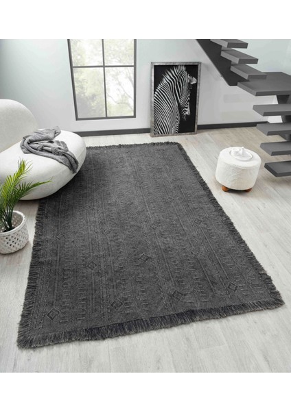 Antique Trk Antrasit Grey - Dört Tarafı Saçaklı Pamuklu Yıkanabilir Kilim