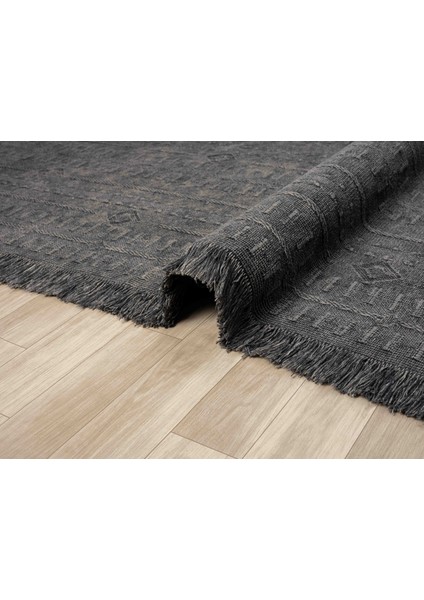 Antique Trk Antrasit Grey - Dört Tarafı Saçaklı Pamuklu Yıkanabilir Kilim