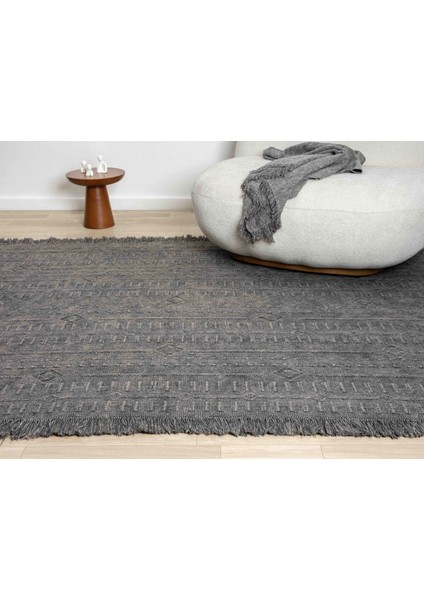 Antique Trk Antrasit Grey - Dört Tarafı Saçaklı Pamuklu Yıkanabilir Kilim