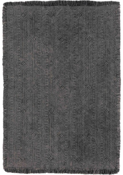 Antique Trk Antrasit Grey - Dört Tarafı Saçaklı Pamuklu Yıkanabilir Kilim