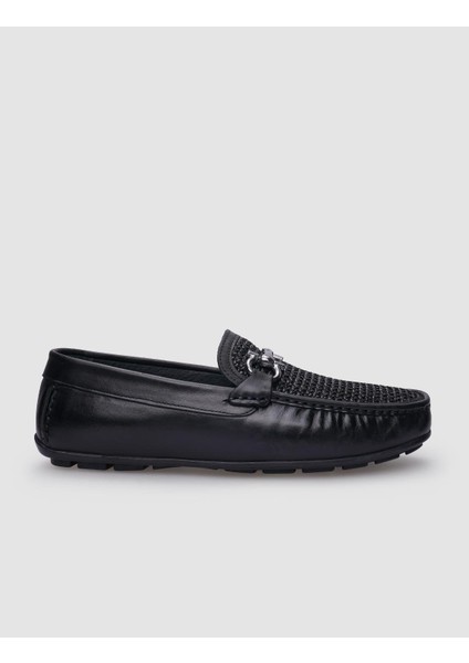 Deri Siyah Örgü Detaylı Erkek Loafer