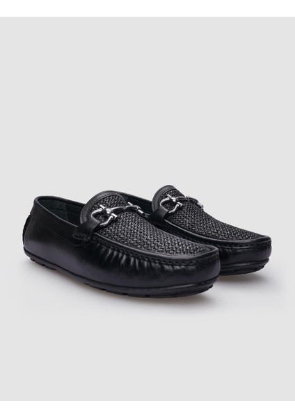 Deri Siyah Örgü Detaylı Erkek Loafer