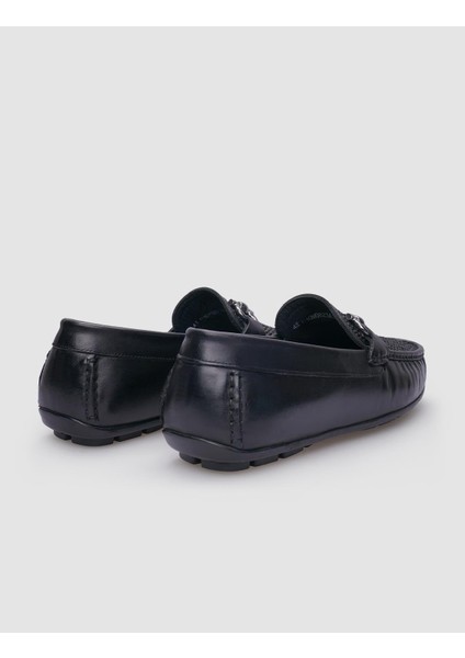 Deri Siyah Örgü Detaylı Erkek Loafer