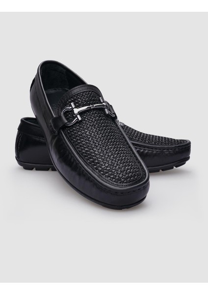 Deri Siyah Örgü Detaylı Erkek Loafer