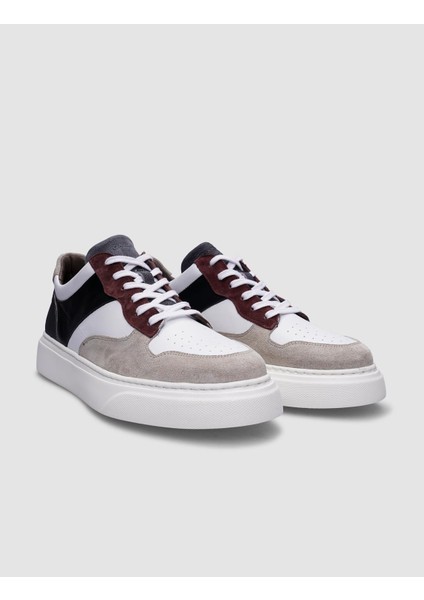 %100 Hakiki Deri Bej-Siyah Bağcıklı Erkek Sneaker