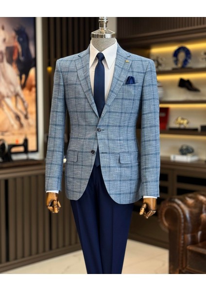 klasik kesim regular fit mono yaka ekose erkek ceket lacivert T12505